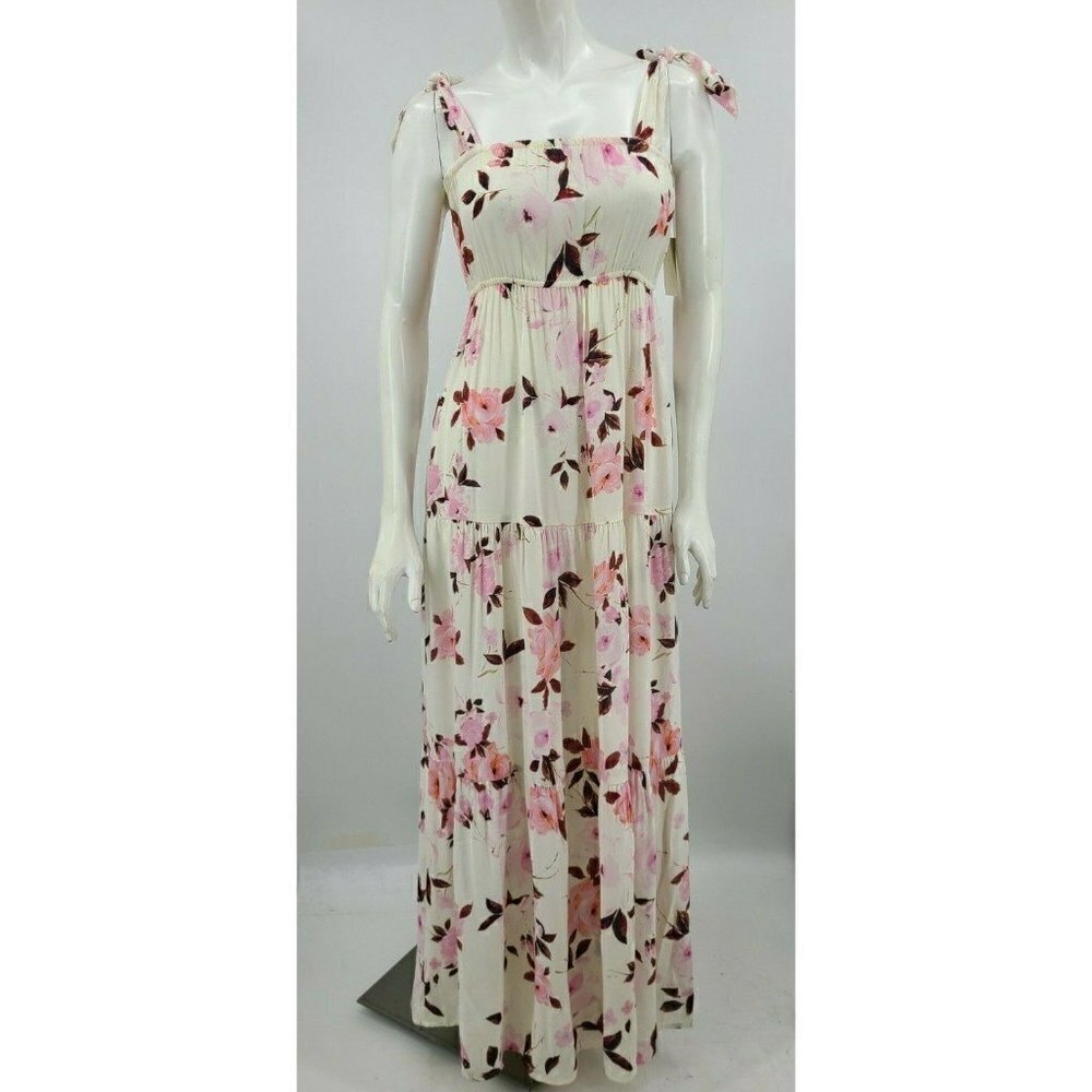 New Flynn Skye Maria Maxi Dress Womens S Scattered Roses Tie Shoulder Pink